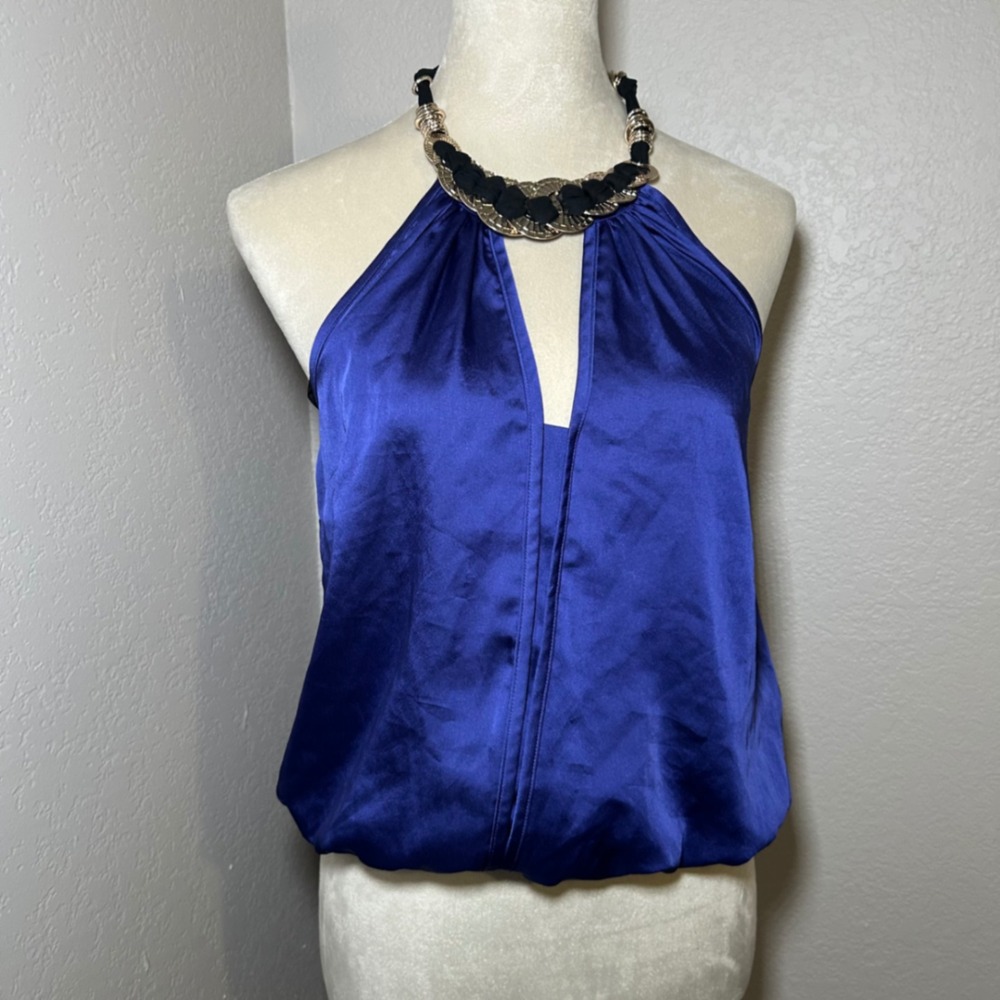 Bebe Purple Satin Halter Top Statement Gold Necklace Bubble Hem XS y2k party